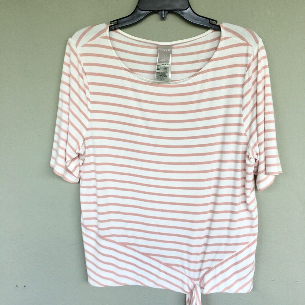 Chico’s Shirt Sz 2/L Pink Coastal Stripes Tie Jersey Stretch Tee Casual Preppy